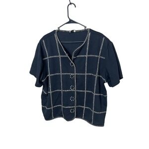 Vintage Teddi Woman Black Short‎ Sleeve Button Up Top Stitched Details Boxy 3X